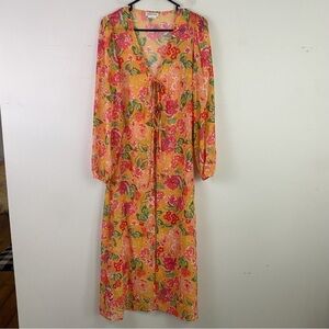 LOVERS + FRIENDS orange floral front tie maxi kimono coverup